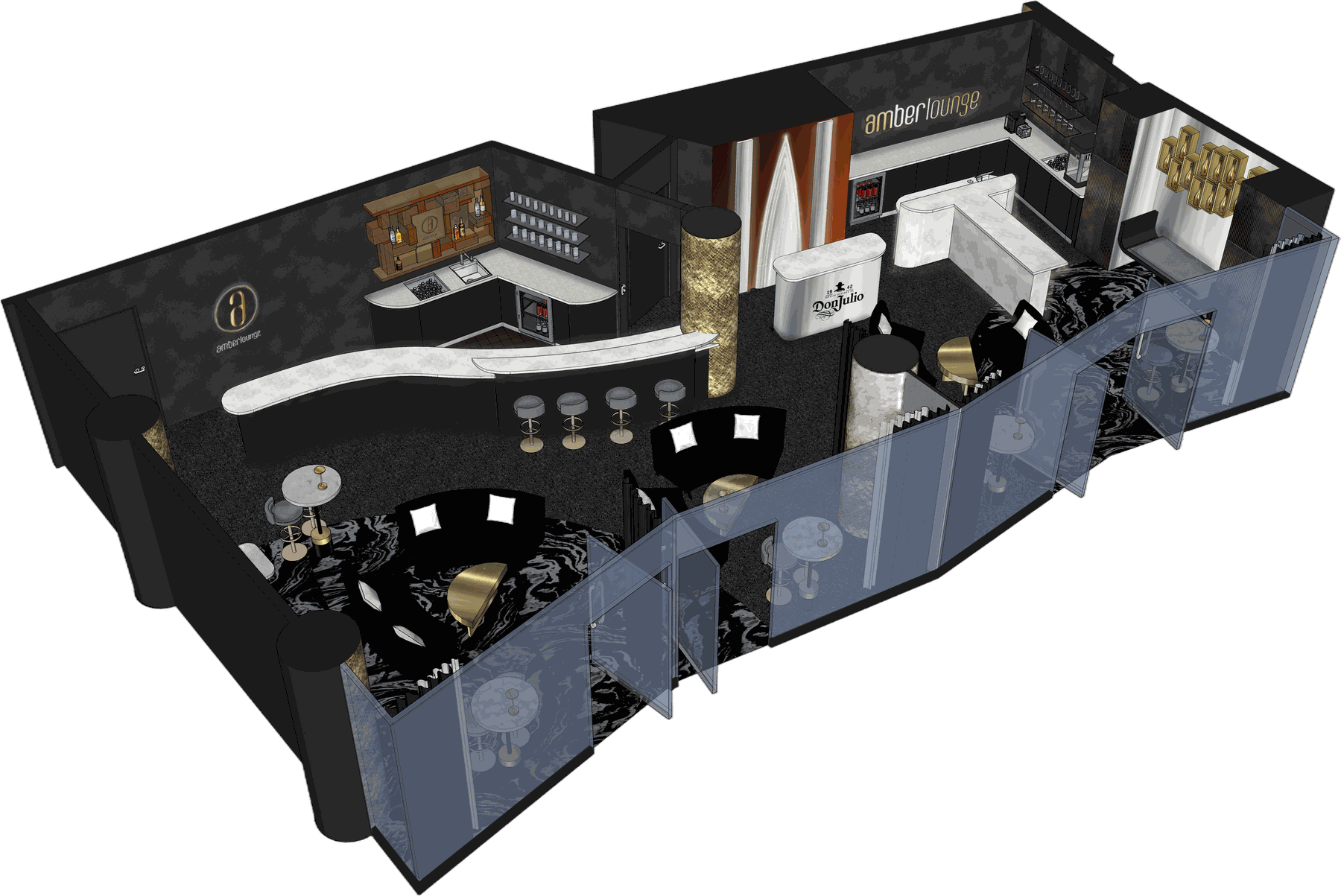 Amber Lounge stadium suite - 3D layout showing the private bar, lounge seating and premium hospitality areas
